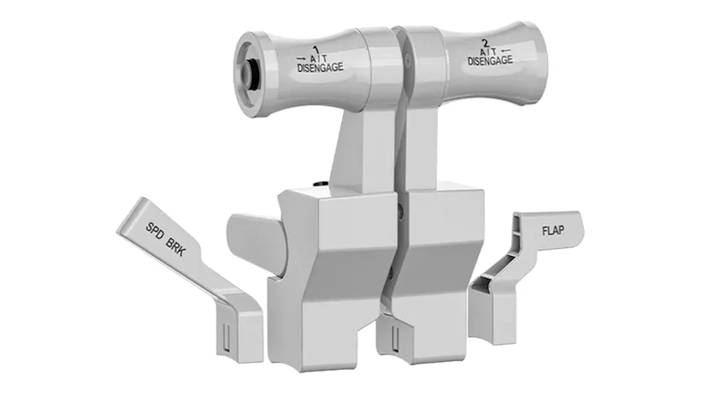 An angled view of the TQB throttle control assembly with dual A/T disengage handles, speed brake and flap levers An angled view of the TQB throttle control assembly with dual A/T disengage handles, speed brake and flap levers