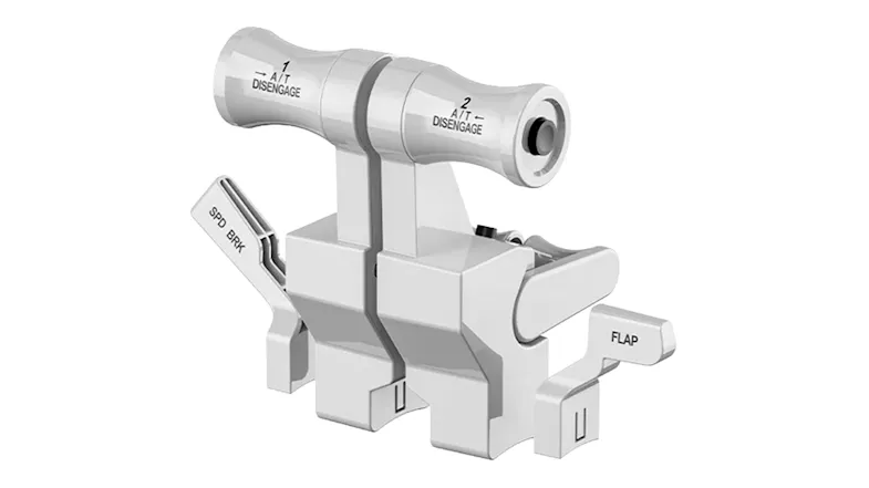 Rear view of a grey MOZA throttle quadrant module Rear view of a grey MOZA throttle quadrant module