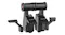Side view of a black racing throttle module assembly with cylindrical handle, red end button, and side pedals Side view of a black racing throttle module assembly with cylindrical handle, red end button, and side pedals