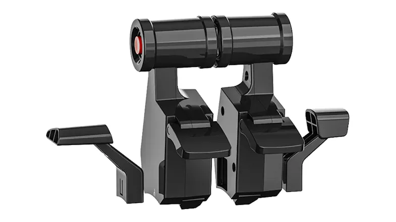 Side view of a black racing throttle module assembly with cylindrical handle, red end button, and side pedals Side view of a black racing throttle module assembly with cylindrical handle, red end button, and side pedals