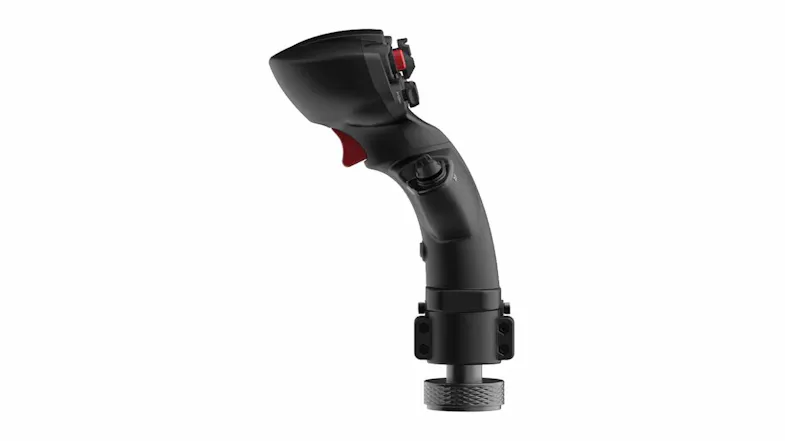 Rear angled view of black MOZA flight joystick with red trigger, thumb hat switch, and mounting base Rear angled view of black MOZA flight joystick with red trigger, thumb hat switch, and mounting base