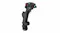 Front angled view of black flight joystick with red trigger, illuminated controls, textured grip, and mounting base Front angled view of black flight joystick with red trigger, illuminated controls, textured grip, and mounting base