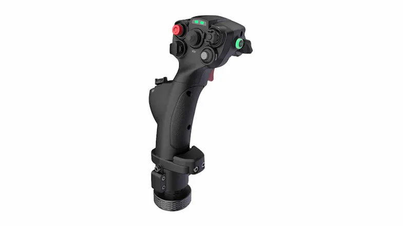 Front angled view of black flight joystick with red trigger, illuminated controls, textured grip, and mounting base Front angled view of black flight joystick with red trigger, illuminated controls, textured grip, and mounting base