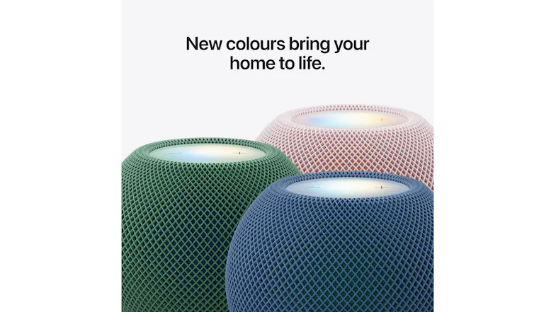 Group of colourful HomePod mini 2 speakers highlighting woven mesh texture Group of colourful HomePod mini 2 speakers highlighting woven mesh texture