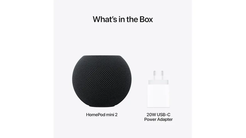 What’s in the Box graphic showing HomePod mini 2 speaker and USB-C adapter What’s in the Box graphic showing HomePod mini 2 speaker and USB-C adapter