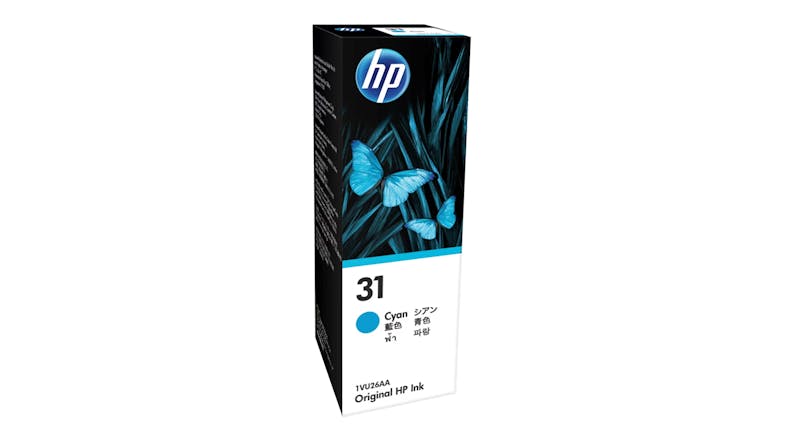 A packaging box of the HP 31 Ink Bottle in Cyan A packaging box of the HP 31 Ink Bottle in Cyan