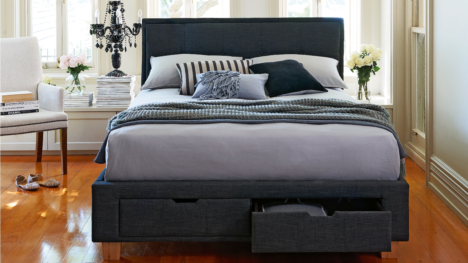 Halo Bed Frame with Storage Charcoal Domayne