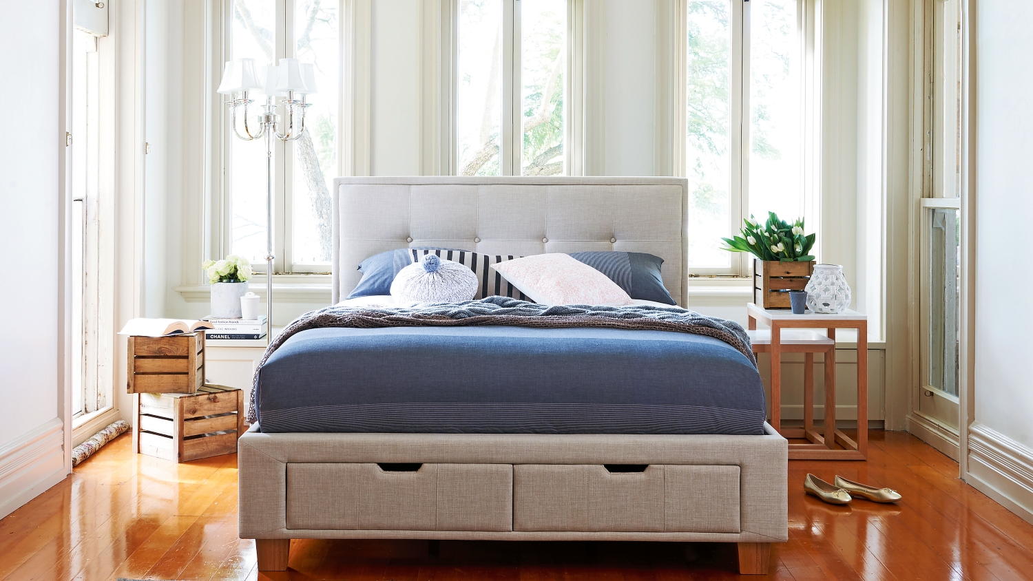 Halo Bed Frame with Storage Beige Domayne