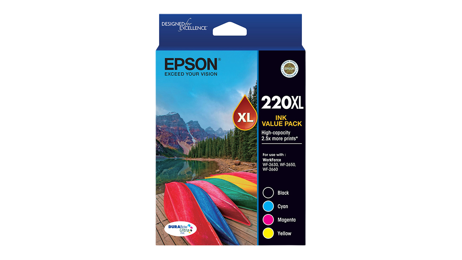 Retail box of the Epson 220XL Ink Cartridge Value Pack