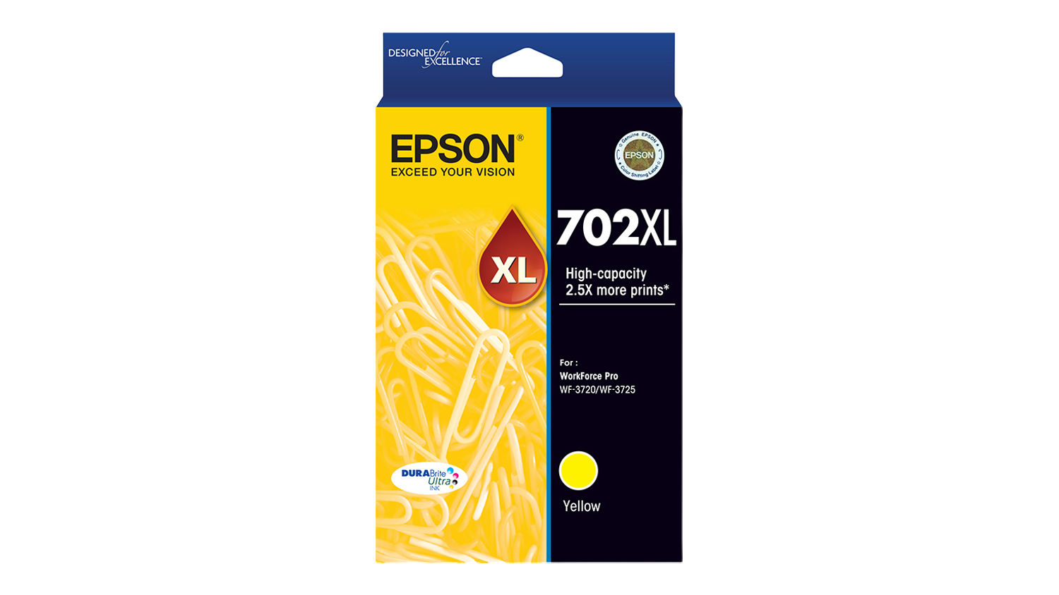 Front view of an Epson 702XL Yellow Ink box, featuring DURABrite Ultra Ink branding