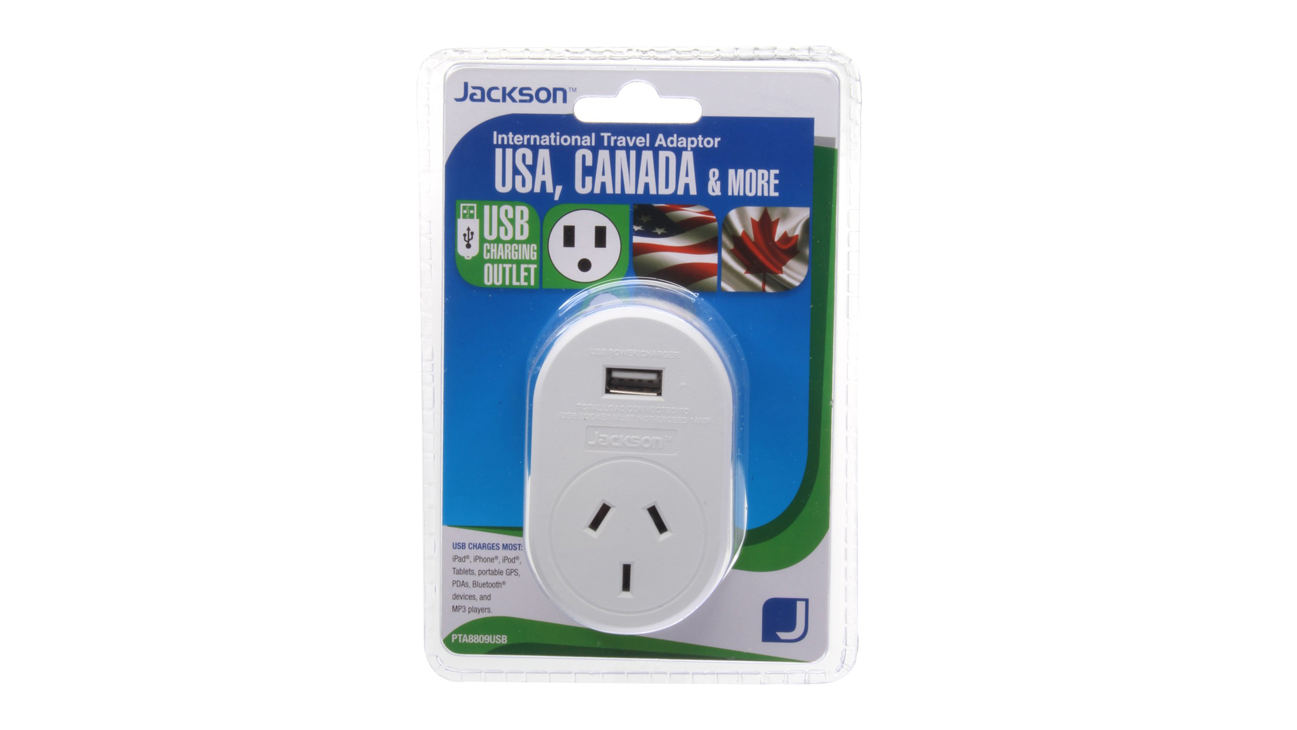 Jackson International Travel Adapter w/ USB Port Outbound USA Canada & More