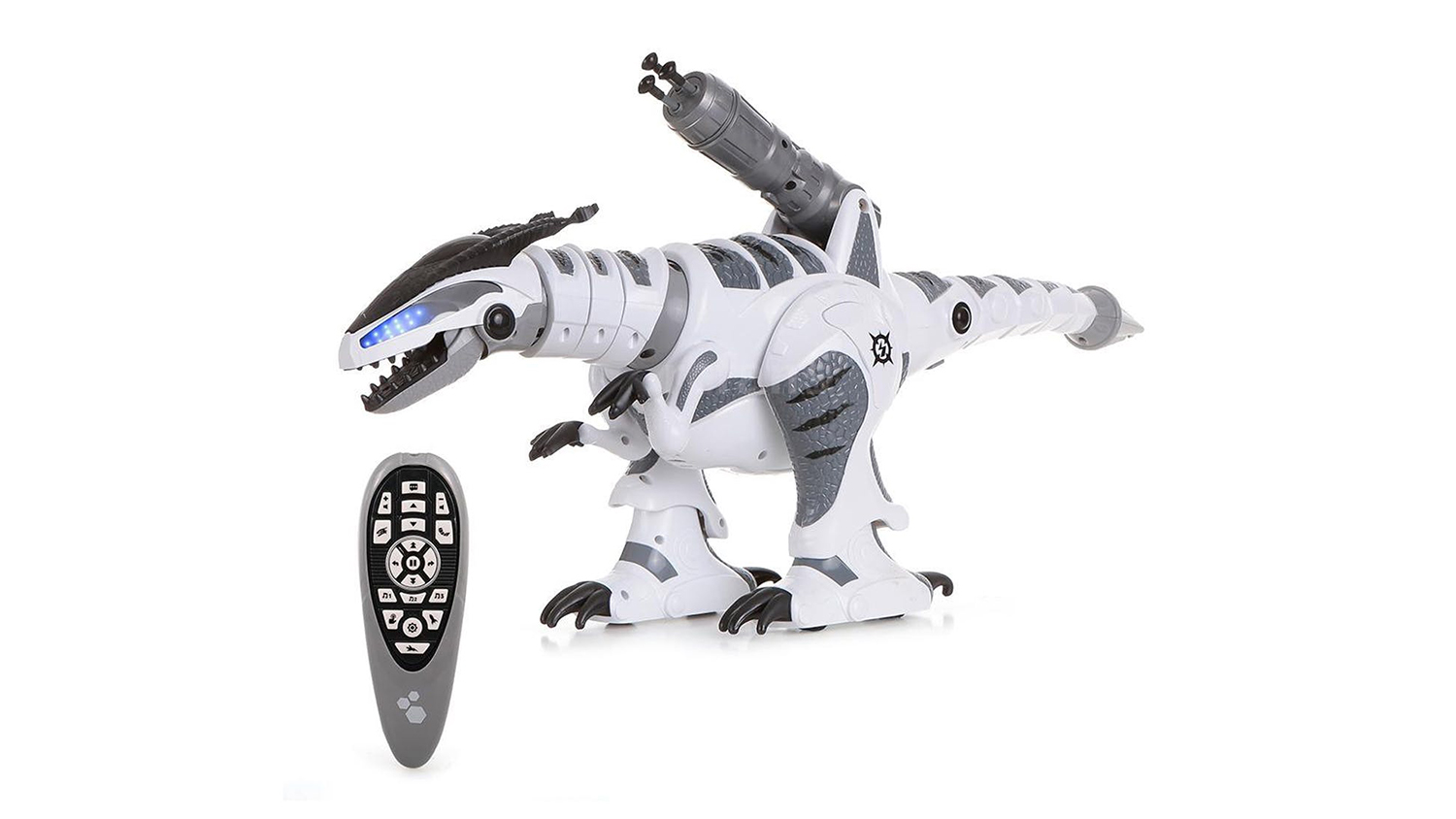 black and white robot with remote