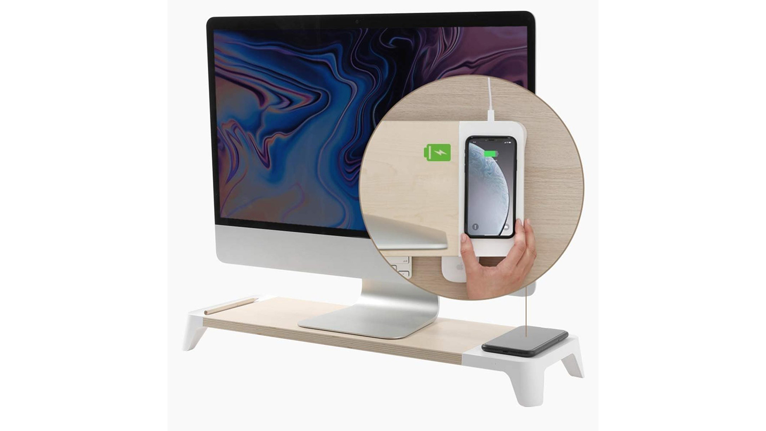 Pout EYES 6 Wooden Monitor Stand with Wireless Charging Pad White