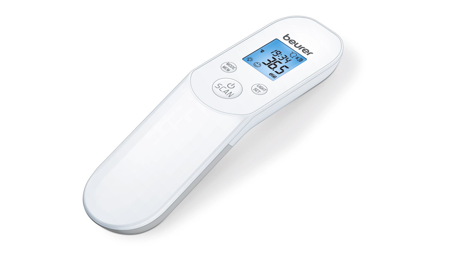 White infrared thermometer showing a temperature reading of 36.5 degrees Celsius on its display