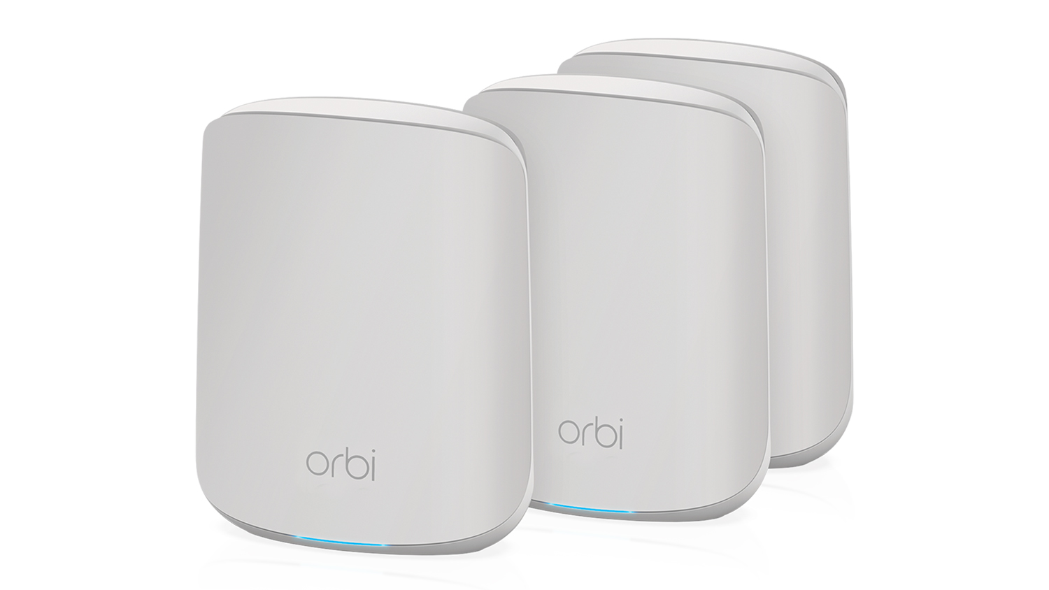 Three identical white Netgear Orbi WiFi units are positioned side-by-side.