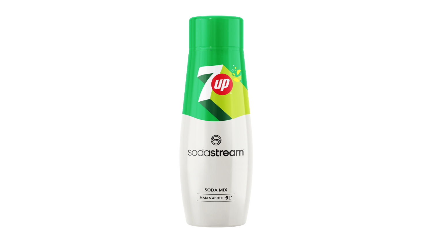 SodaStream 7UP soda mix bottle with green cap and white label