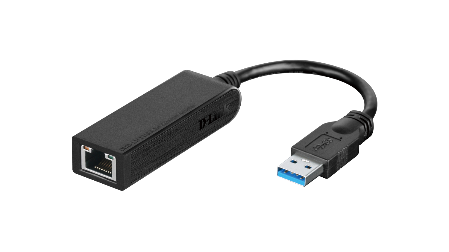 USB to gigabit ethernet adapter with a black rectangular body and a short cable.