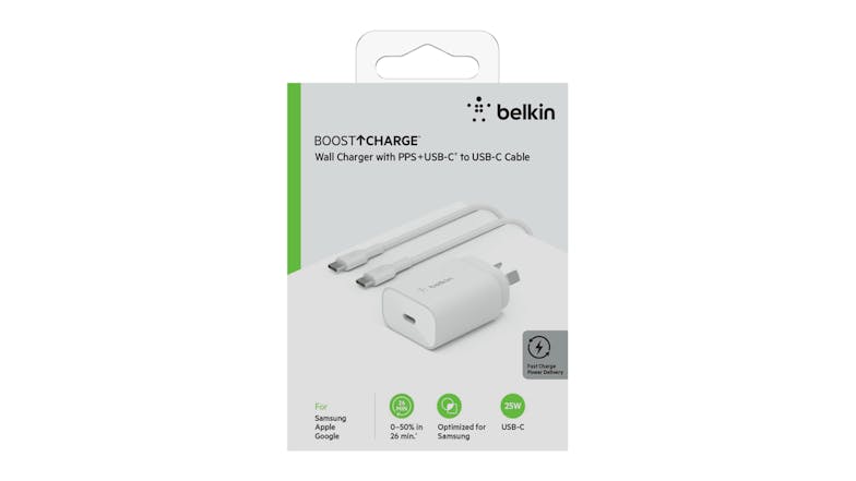 Belkin Boost Up Charge 25W PPS USB-C PD Wall Charger with 1m PVC Cable - White