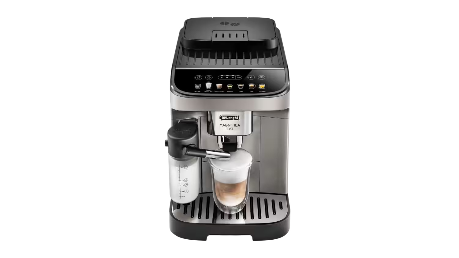A front view of the De'Longhi Magnifica Evo Fully Automatic Espresso Machine