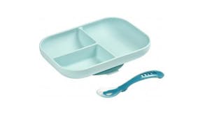 Beaba Silicone Suction Divided Plate & Spoon - Blue