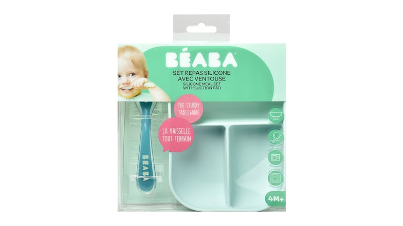 Beaba Silicone Suction Divided Plate & Spoon - Blue