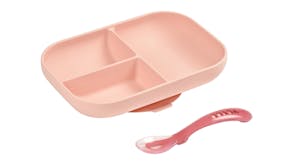 Beaba Silicone Suction Divided Plate & Spoon - Pink