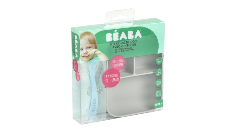 Beaba Silicone Suction Divided Plate & Spoon - Grey