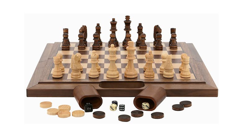 Dal Rossi 16" Walnut 3-in-1 Chess Checkers & Backgammon Set