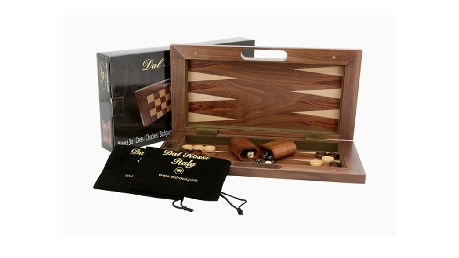 Dal Rossi 16" Walnut 3-in-1 Chess Checkers & Backgammon Set
