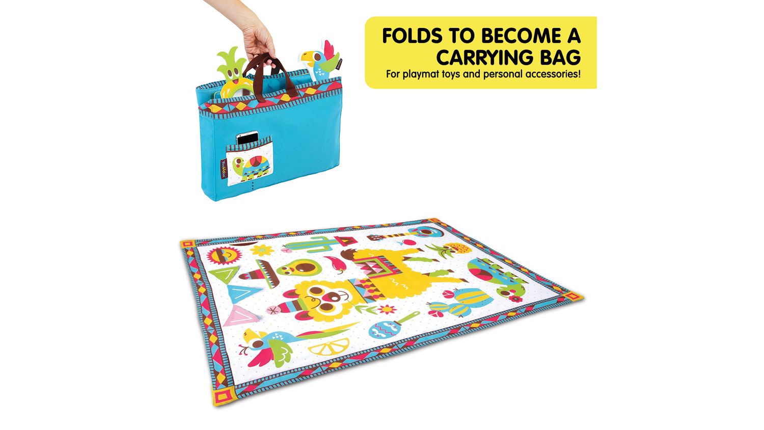 YOOKIDOO Fiesta Playmat To Bag – Tappetone Da Gioco 145x100 Cm Lavabile, Con Sonagli E Specchio, Per Neonati