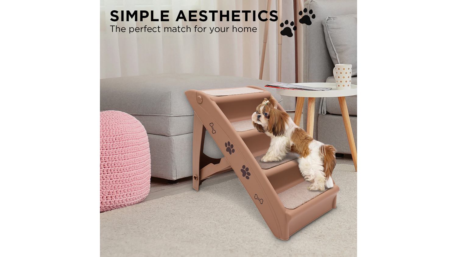 Dog stairs with an “simple aesthetics" header. Below are close-up shots of the support beam, smooth joints, and the anti-slip mat