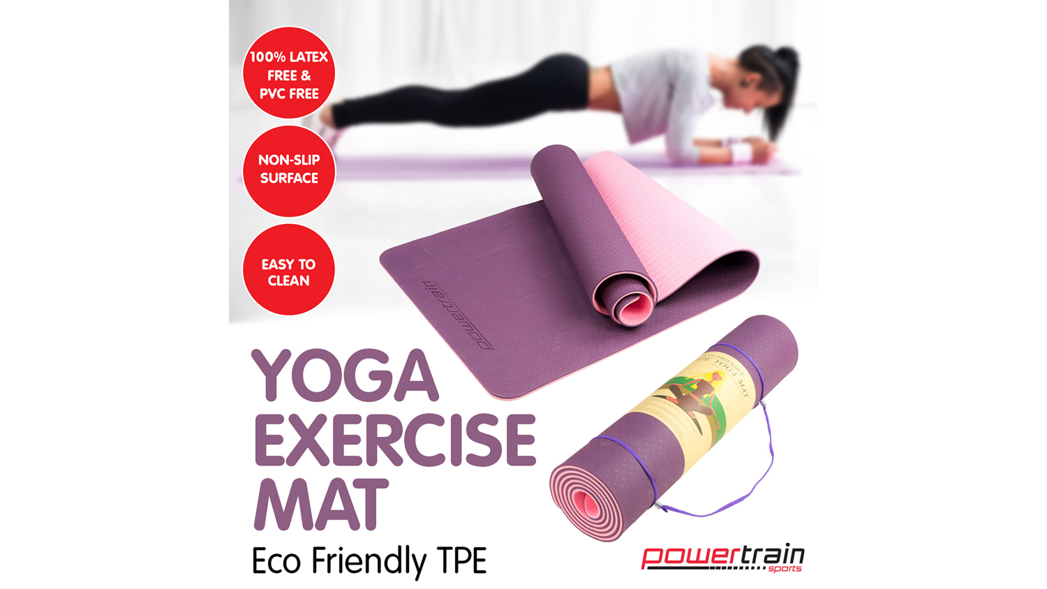 Powertrain 8mm EcoFriendly TPE Yoga Exercise Mat Dark Purple