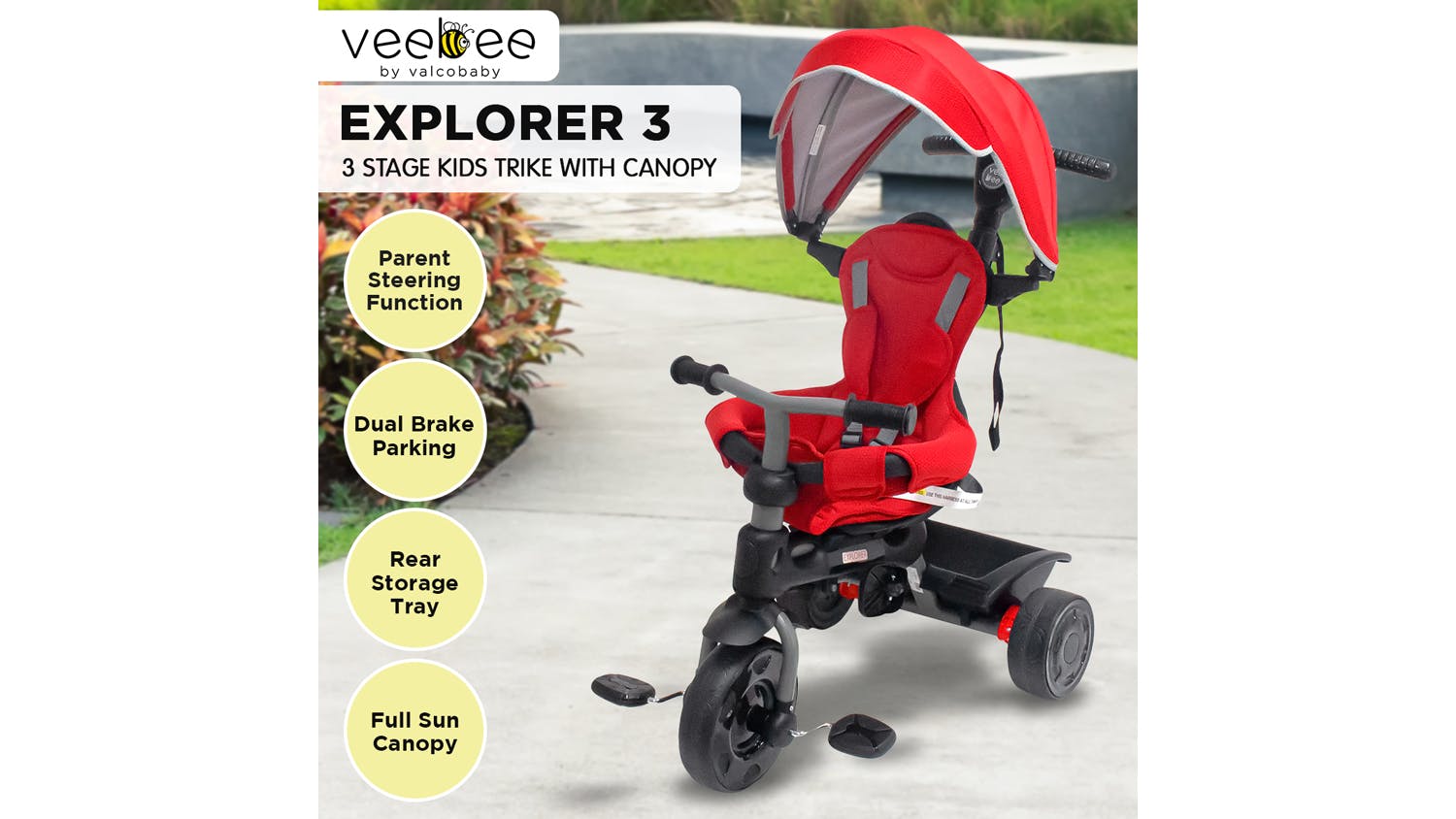 Veebee Explorer 3-Stage Kids Trike with Canopy - Red