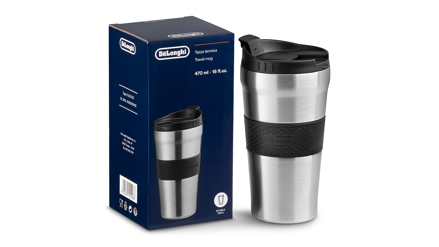 DeLonghi 470ml Travel Mug Stainless Steel Harvey Norman New