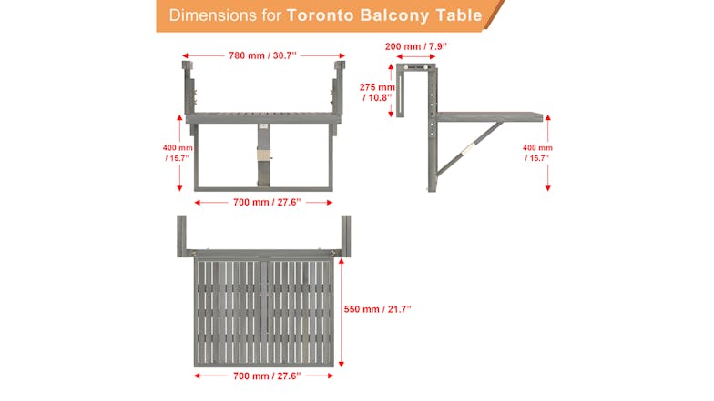 Toronto Hanging Balcony Table - Grey