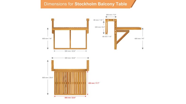 Stockholm Hanging Balcony Table - Teak