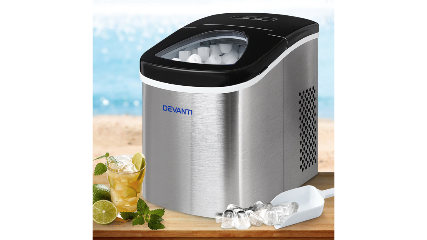 Devanti 2.4L Portable Ice Cube Maker Stainless Steel Harvey Norman
