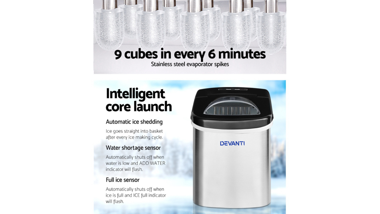 Devanti 2.4L Portable Ice Cube Maker Stainless Steel Harvey Norman