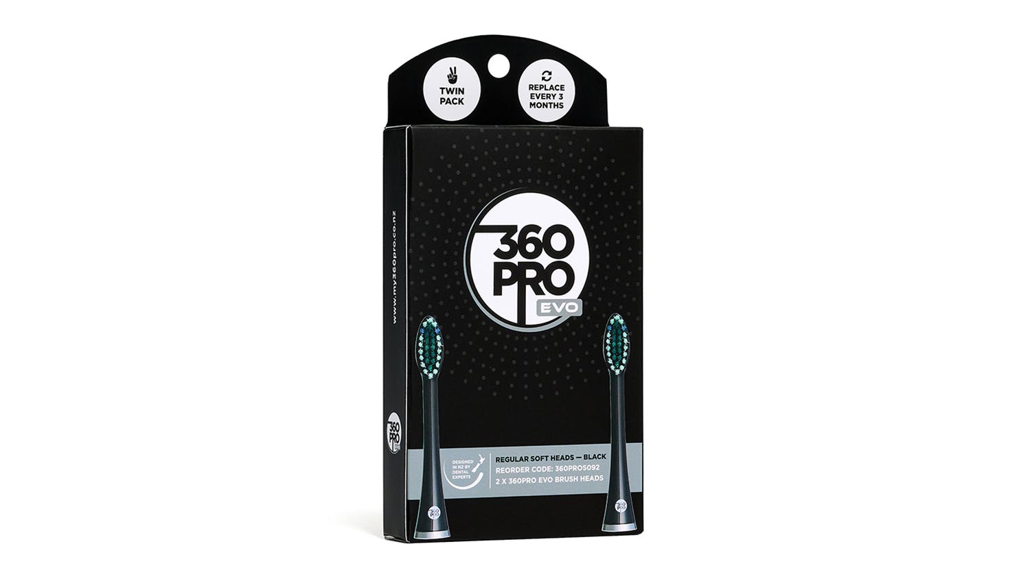 360PRO Evo Sonic Regular Soft Brush Head Refill 2 Pack - Black