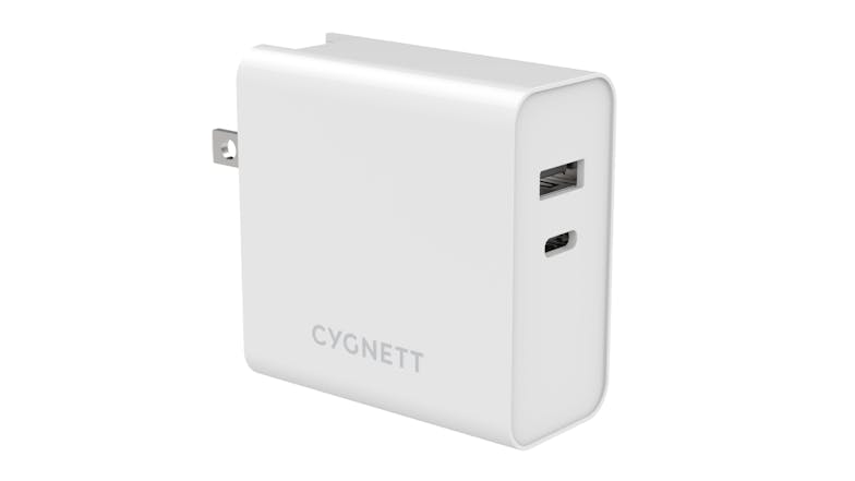 Cygnett PowerPlus 60W Dual Wall Charger (USB-A & USB-C) with USB-C to USB-C Cable & Travel Adapters - White