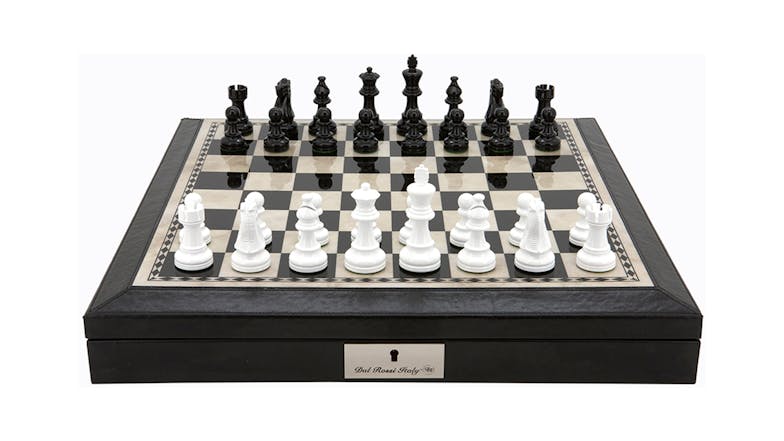 Dal Rossi 16 Inch Black & White Chess Set with Compartment - Black Leather