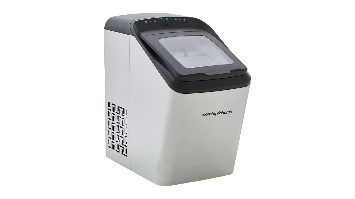 Morphy Richards silver countertop ice maker with black lid and transparent viewing window