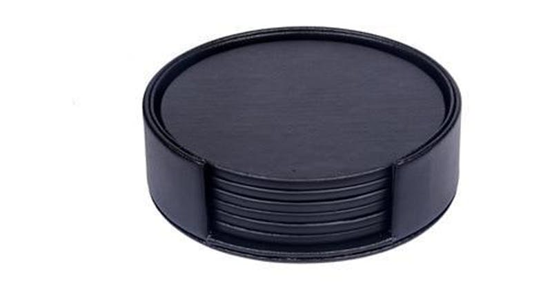 Hod Round Faux Leather Coasters - Solid Black