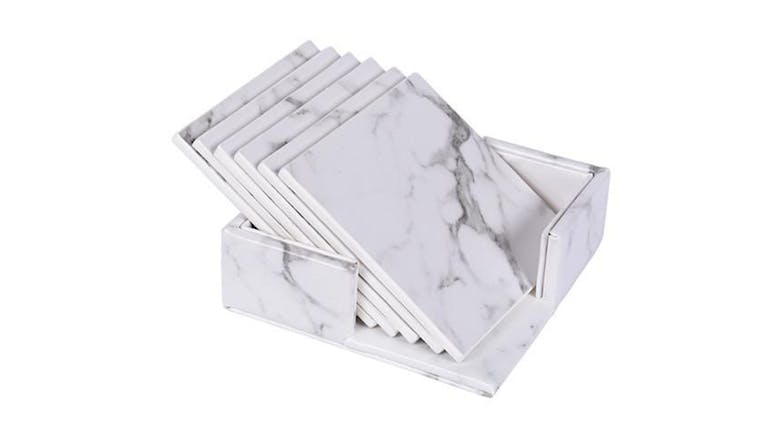 Hod Round Faux Leather Coasters - White Marble