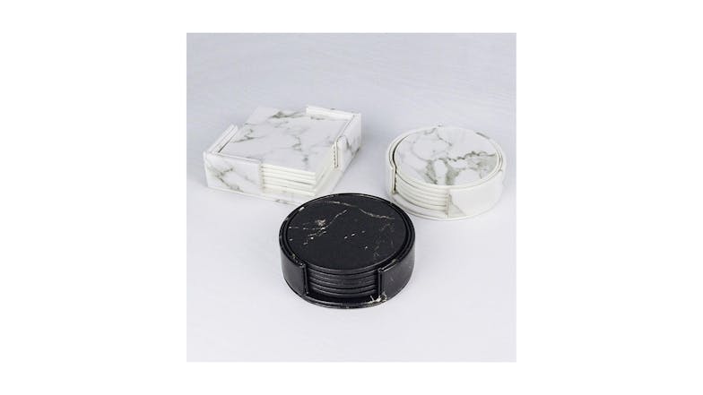 Hod Round Faux Leather Coasters - White Marble