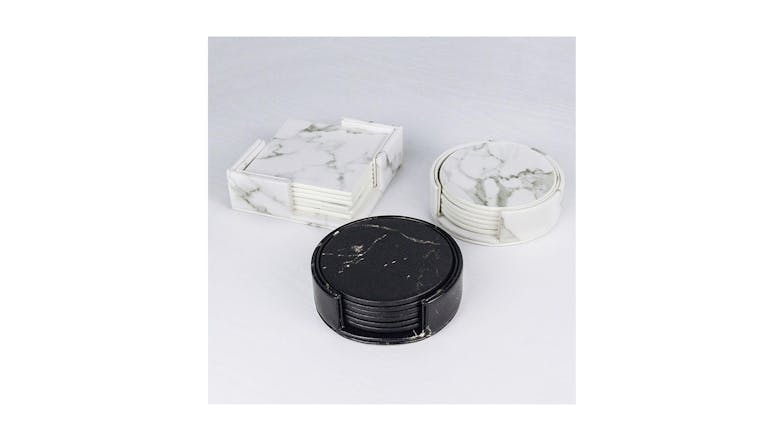 Hod Round Faux Leather Coasters - Black Marble