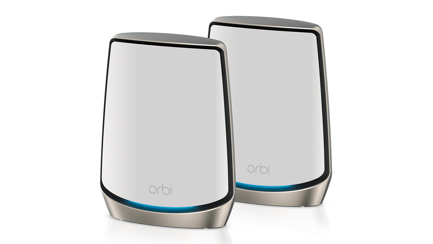 Two white Netgear Orbi RBK862S mesh units placed side-by-side for WiFi coverage