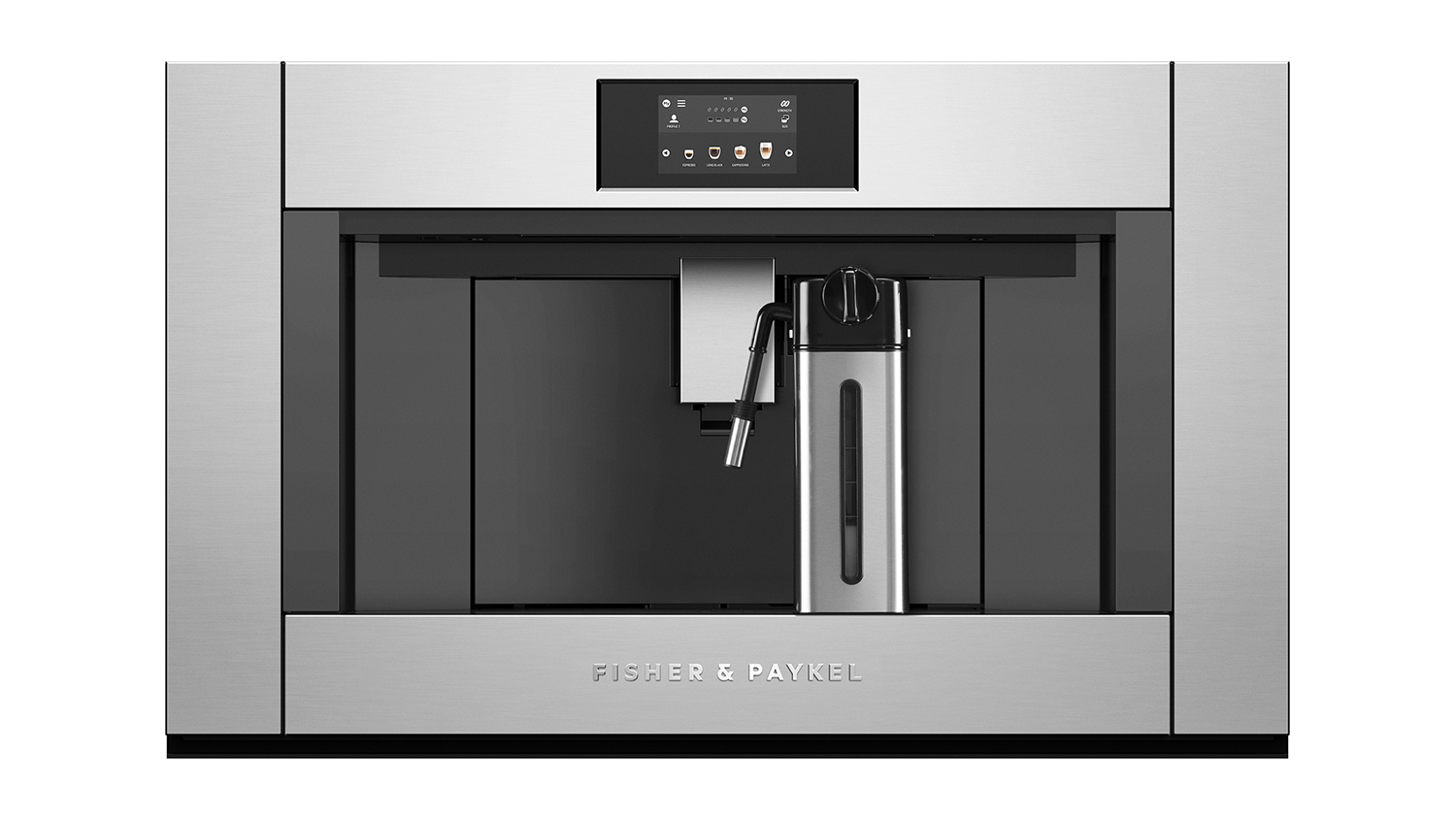 Fisher & Paykel’s built-in coffee machine with a sleek stainless steel finish and central dispenser.