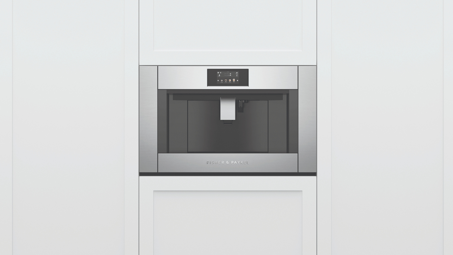 A stainless steel automatic coffee machine is installed in the kitchen.