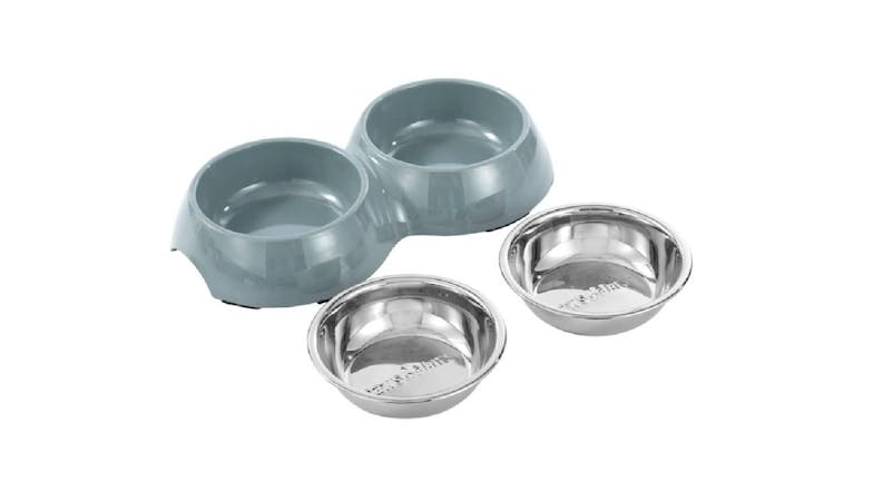 Double Pet Bowl Non-Slip Stainless Steel x2 200ML 25x14x4cm - Grey